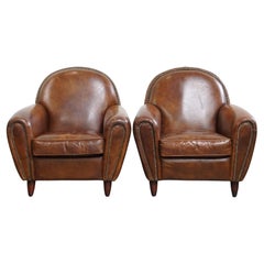 Vintage Set of 2 Cowhide Leather Design Armchairs