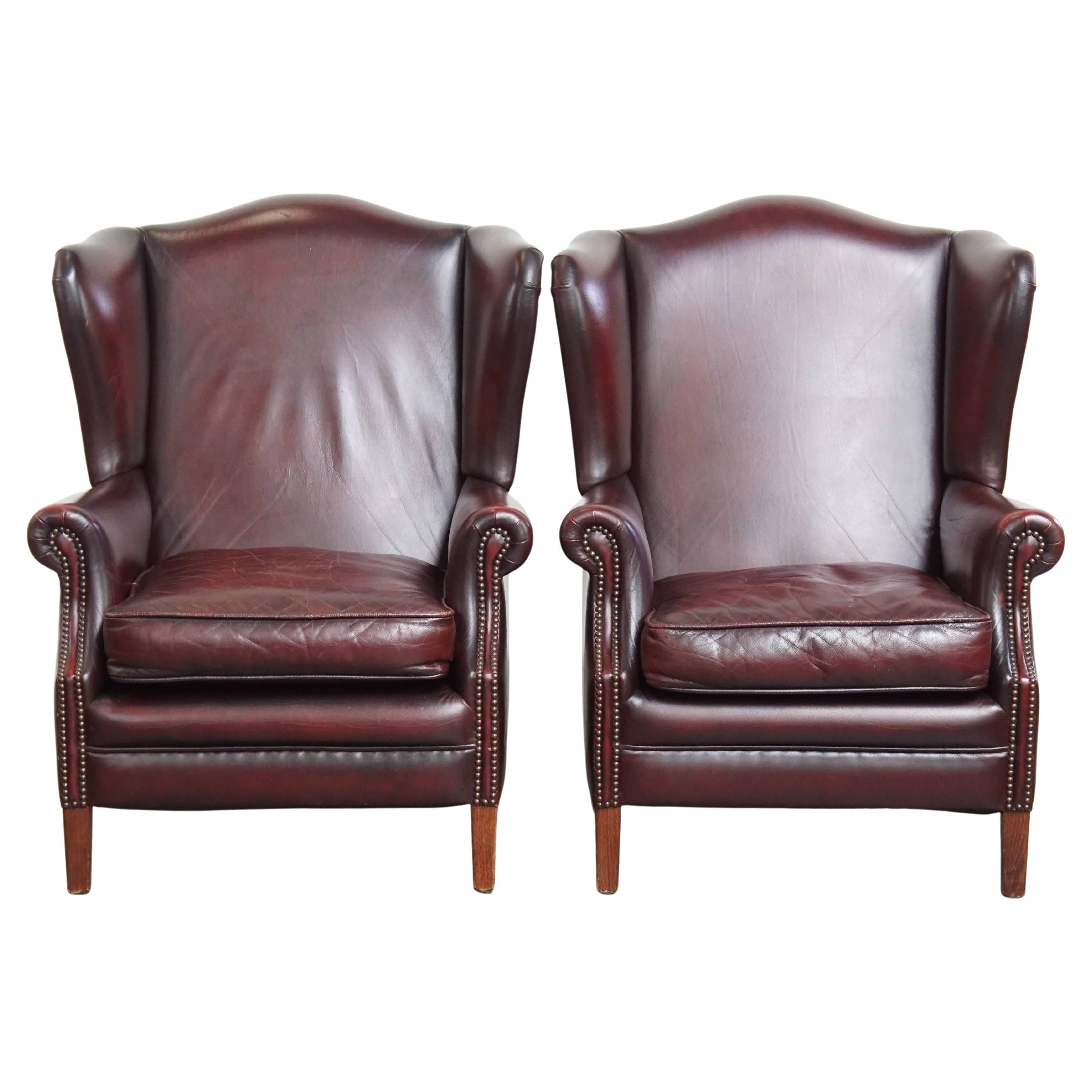 Set of 2  Cowhide Leather Wingback Chairs in English Style For Sale