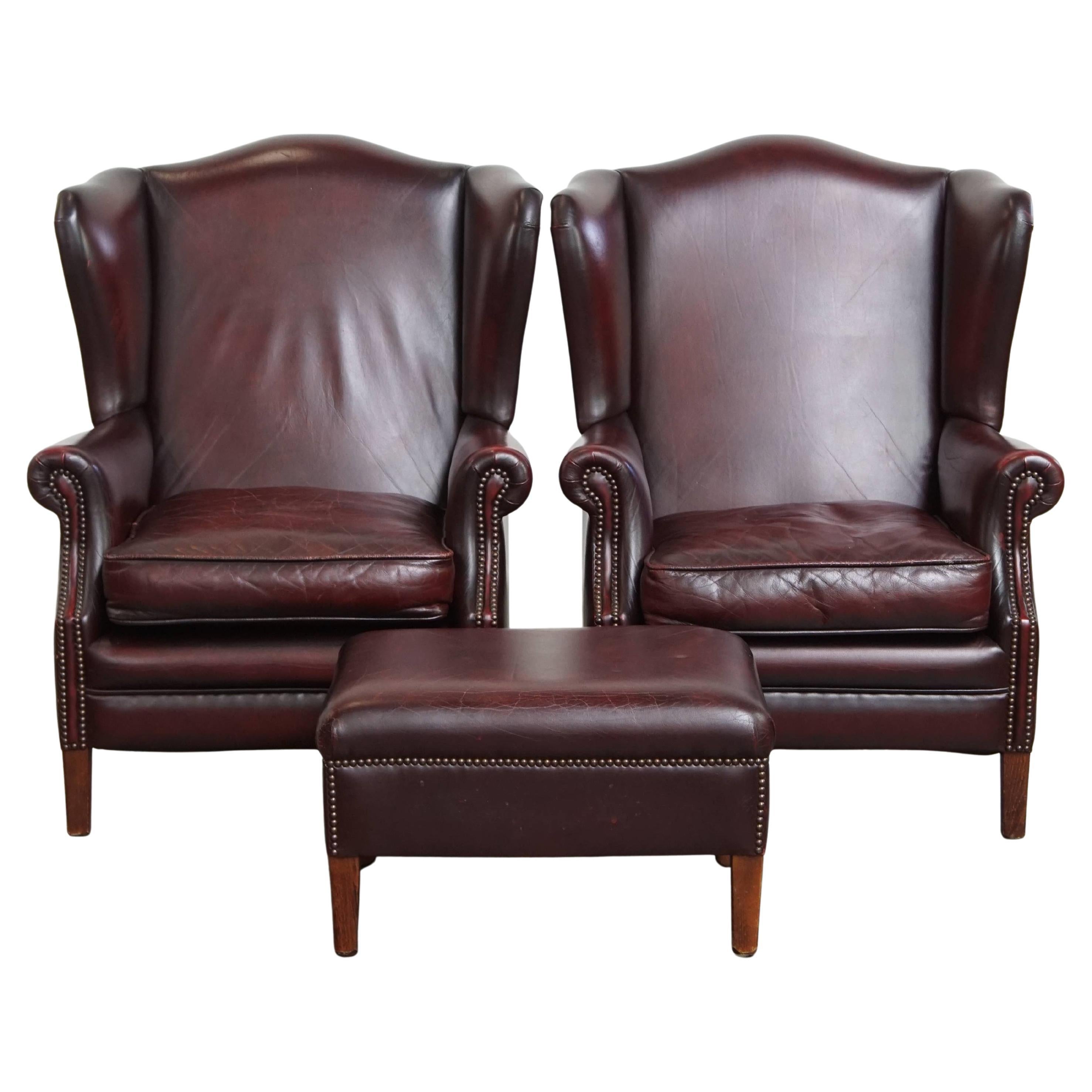 Set of 2 Cowhide Leather Wingback Chairs + Ottoman in English Style