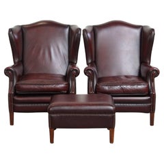 Set di 2 sedie Wingback in pelle di mucca + ottomana in stile inglese