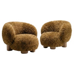 Set Of 2 Cozy Lounge Chairs in Mongolian Faux Fur, Natural Oak Legs, New