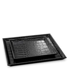 Set of 2 Crocodile-Embossed Black Leather Desk Trays.
