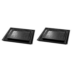 Set of 2 Crocodile-Embossed Black Leather Desk Trays.