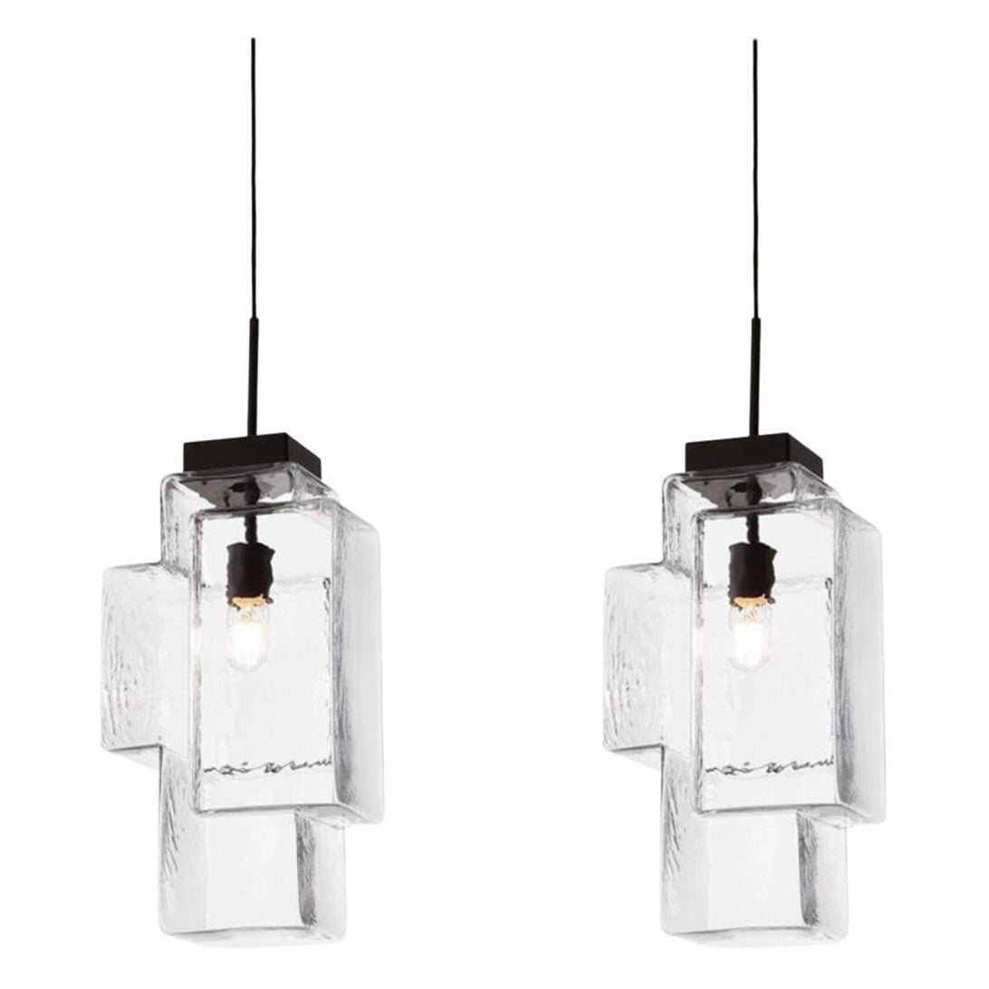 Set of 2 Crystal Clear Tetris Pendant Light by Dechem Studio For Sale