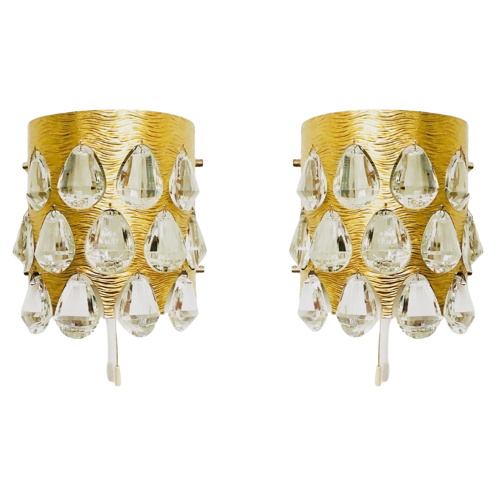 Set of 2 Crystal Glass Wall Lamps by Palwa For Sale