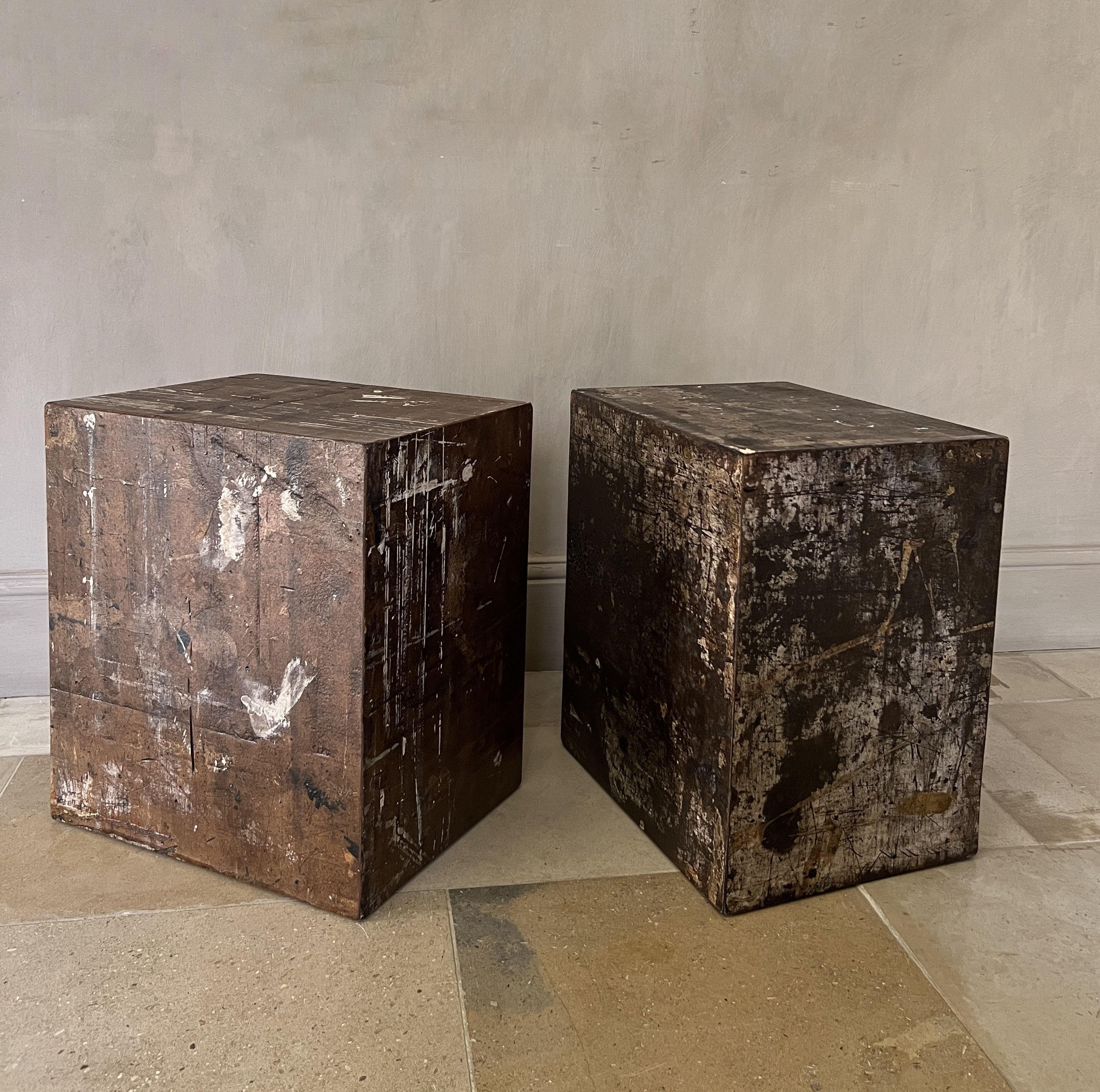 These CUBE nighstands were made from reclaimed plywood doors. After years of use as doors and later as worktops in a painters studio they gathered a beautiful patina, like a modern abstract artwork. Our workshop took out the best bits and