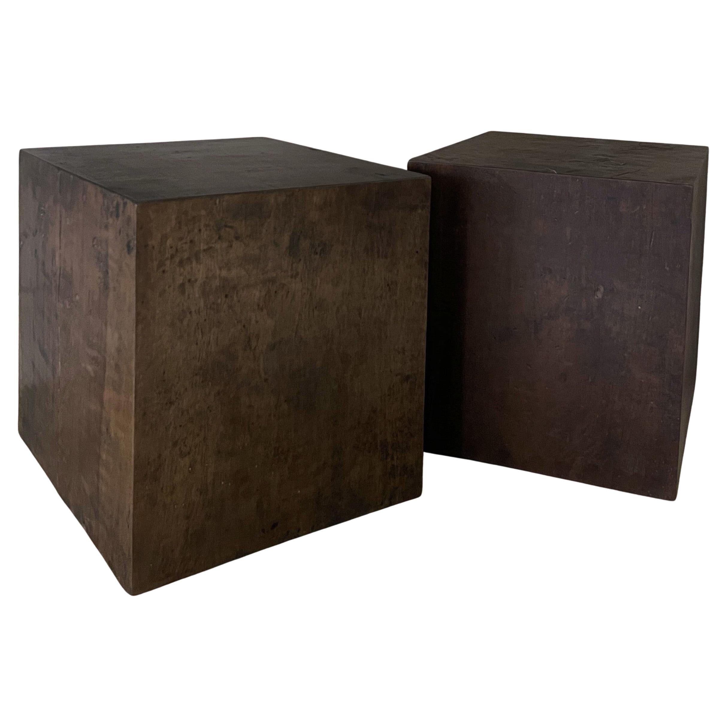Set of 2 CUBES sidetables nightstands in reclaimed 18th century walnut For Sale
