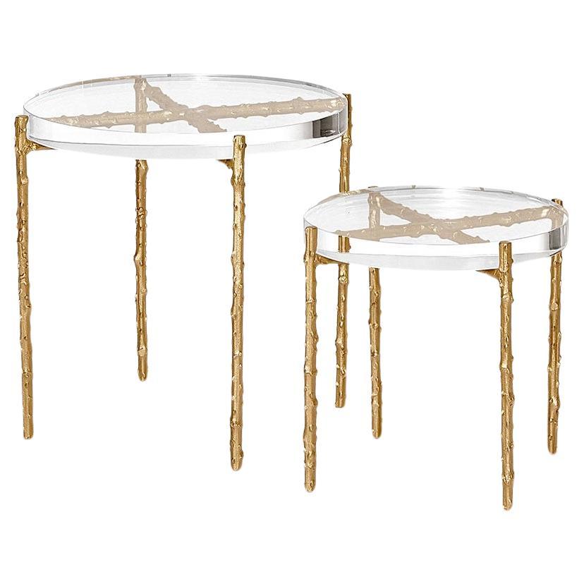 Set of 2 Customizable Air Side Tables with Crystal Acrylic Tops & Brass Legs