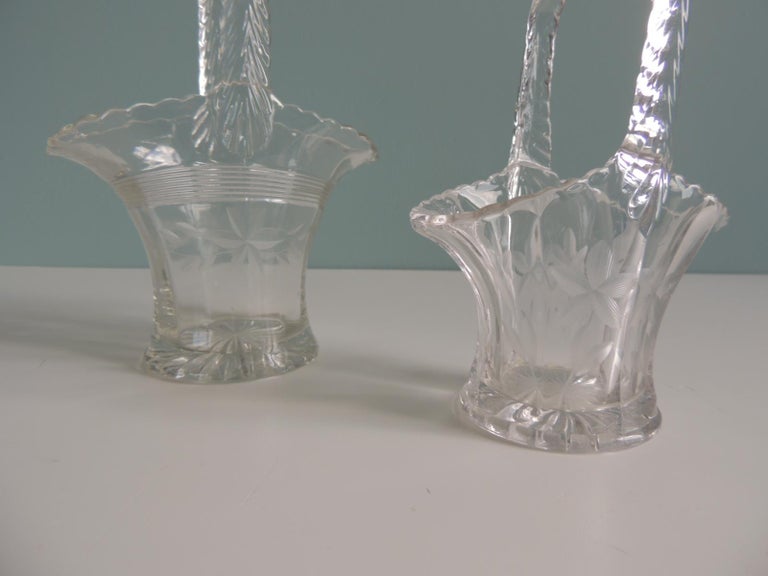 Set of (2) Cut Crystal Style Flower Vases in Shape of Baskets For Sale