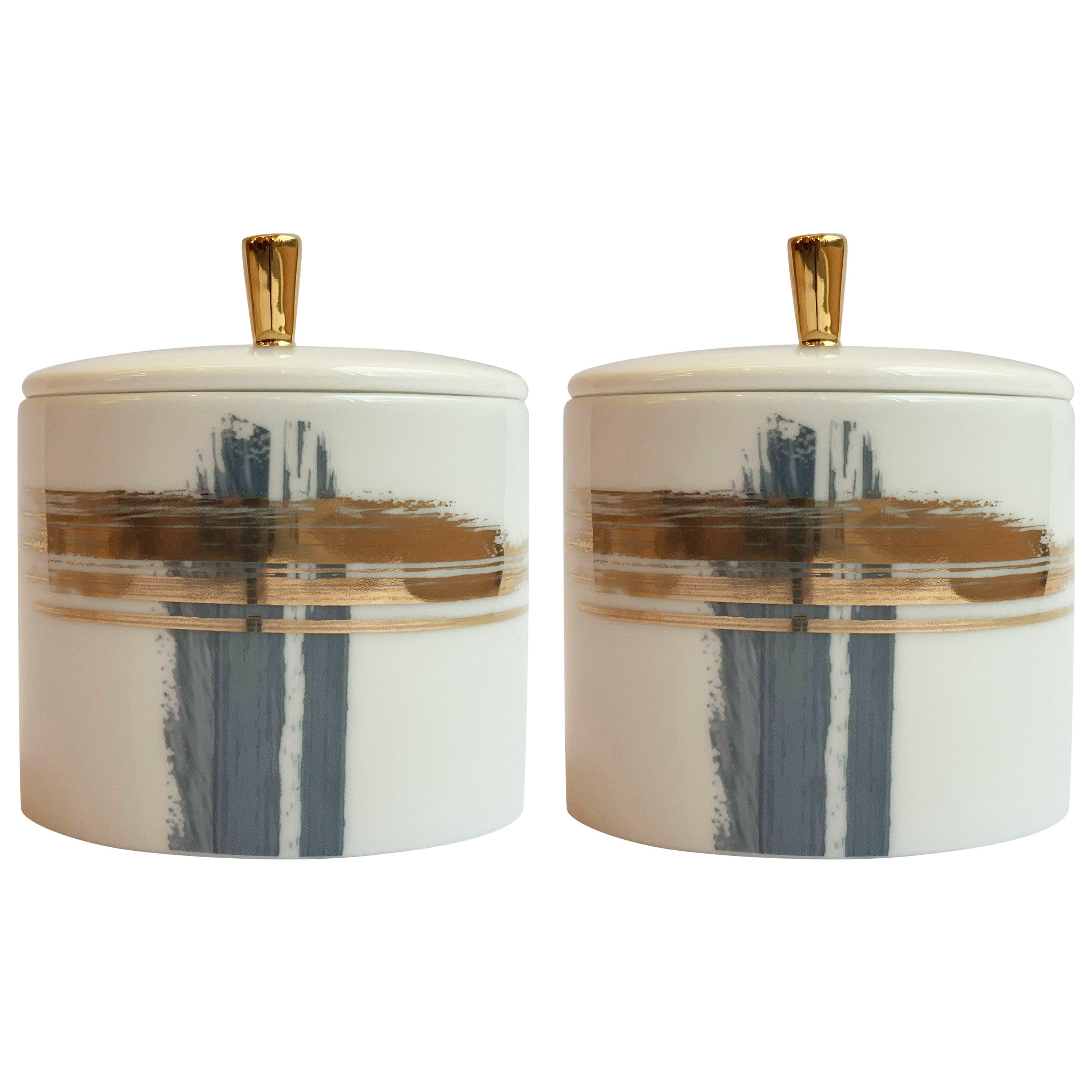Lot de 2 boîtes cylindriques avec couvercle Brosse artisanale André Fu Living Arts de la table en vente