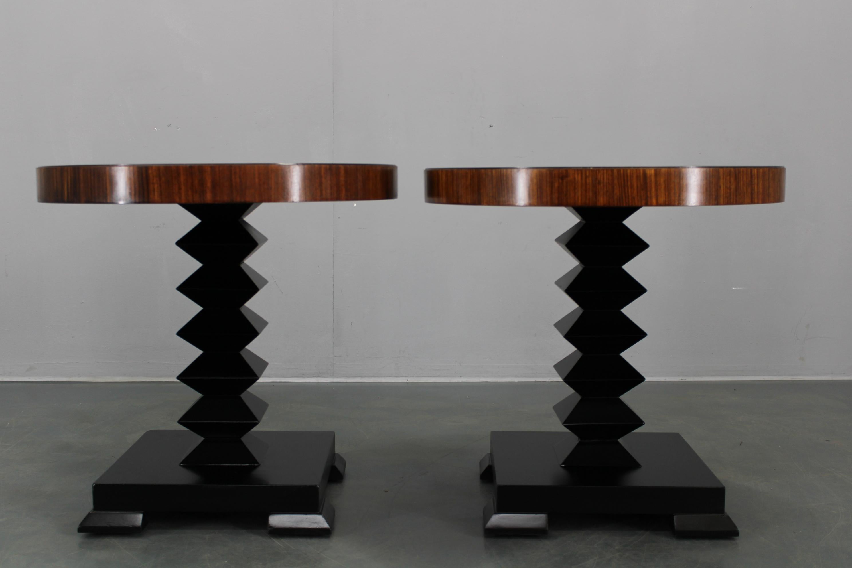 Mid-Century Modern Set of 2 Czechoslovakian Cubist Style Side Tables, Veneer and Solid Wood, 1980s For Sale
