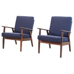 Set of 2 Danish Easy Lounge Chairs in Teak and Blue Wool Upholstery, 1960's