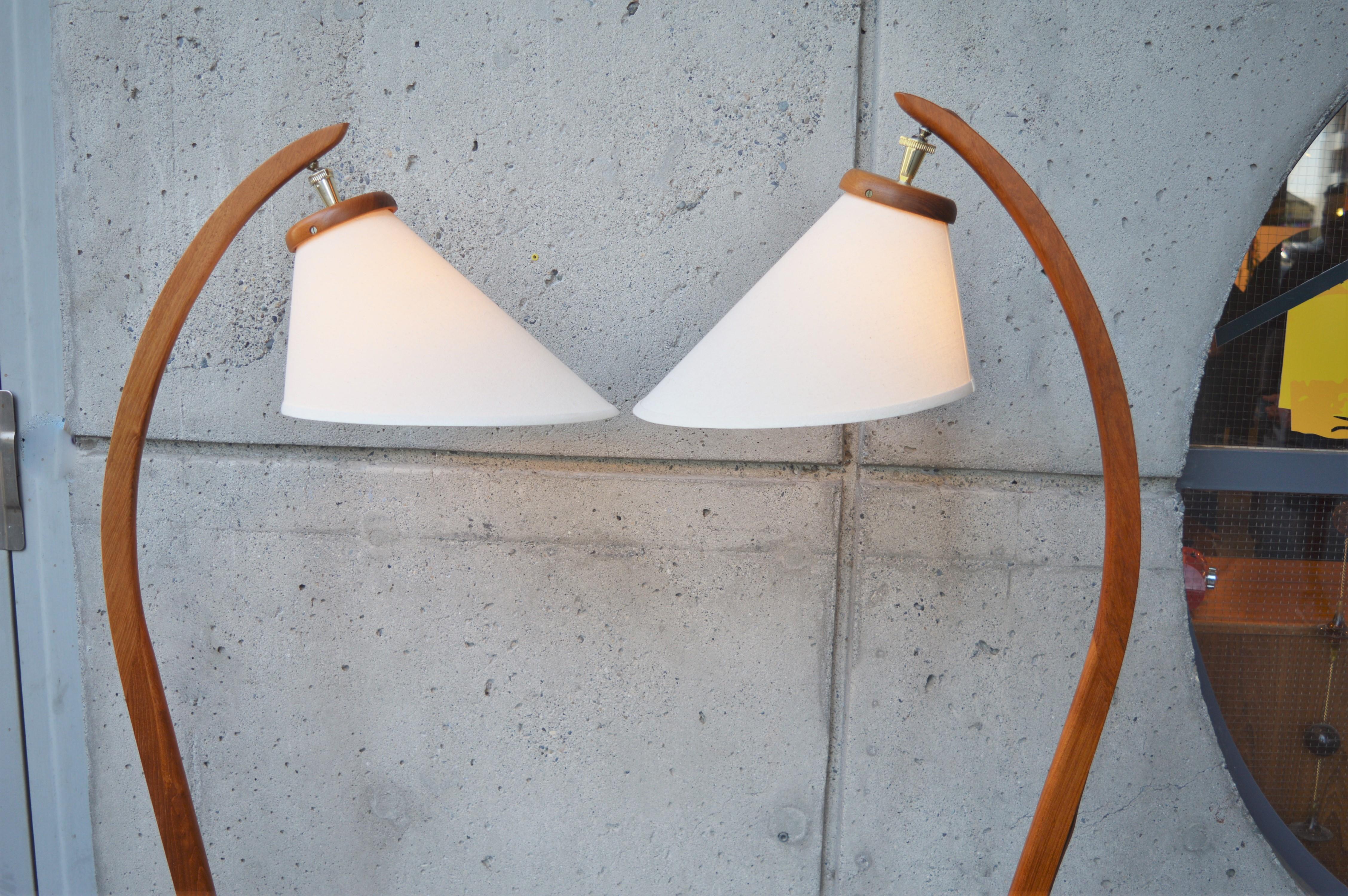 Mid-Century Modern Set of 2 Danish Modern Teak Arc Floor Lamps with Bonnet Shades & Trilight Bulbs