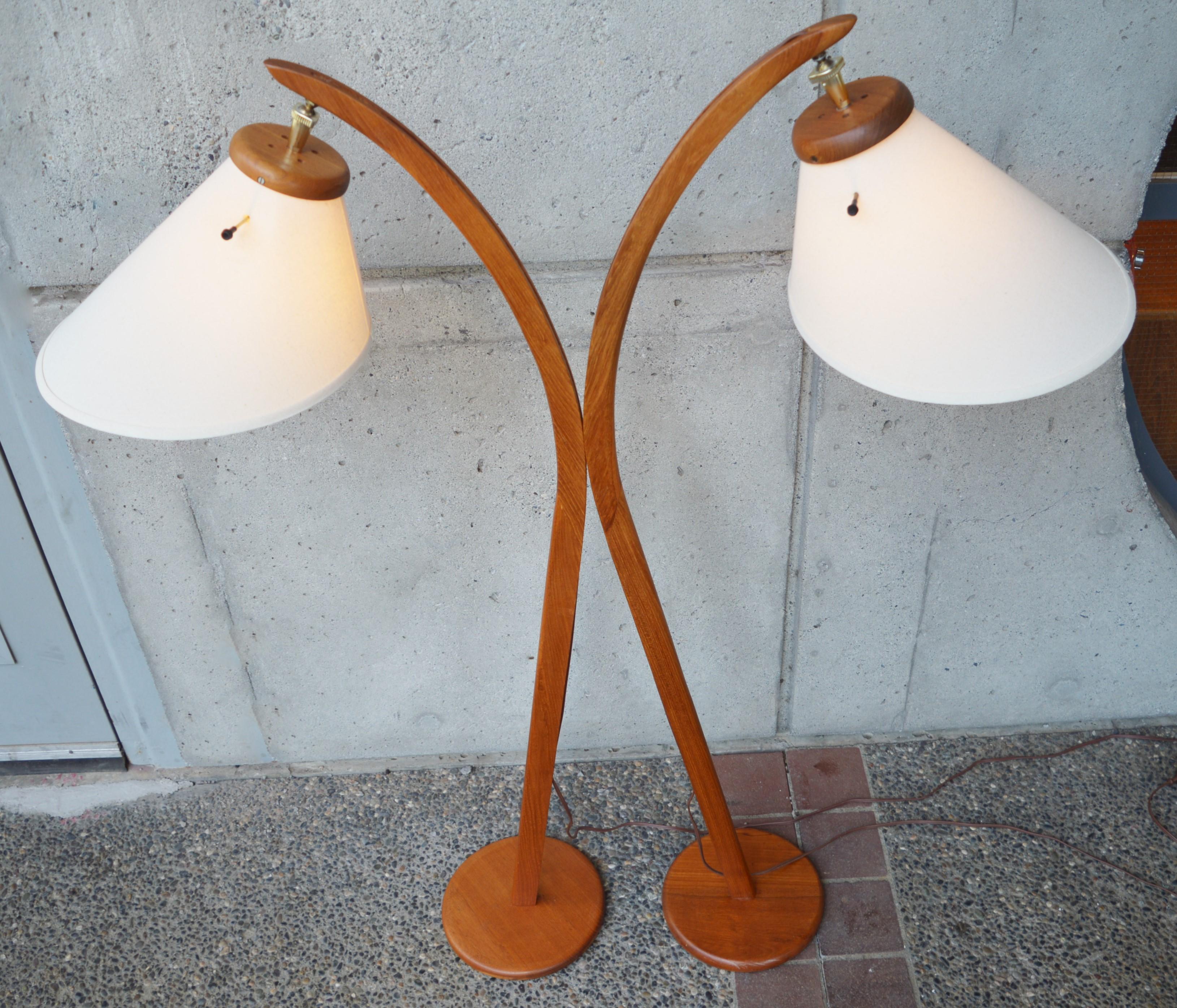Mid-20th Century Set of 2 Danish Modern Teak Arc Floor Lamps with Bonnet Shades & Trilight Bulbs