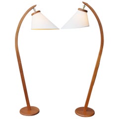 Set of 2 Danish Modern Teak Arc Floor Lamps with Bonnet Shades & Trilight Bulbs