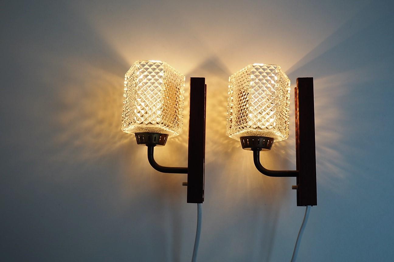 20th Century Set of 2 Danish Teak and Glass Sconces Made in the 1960s, Scandinavian Modern
