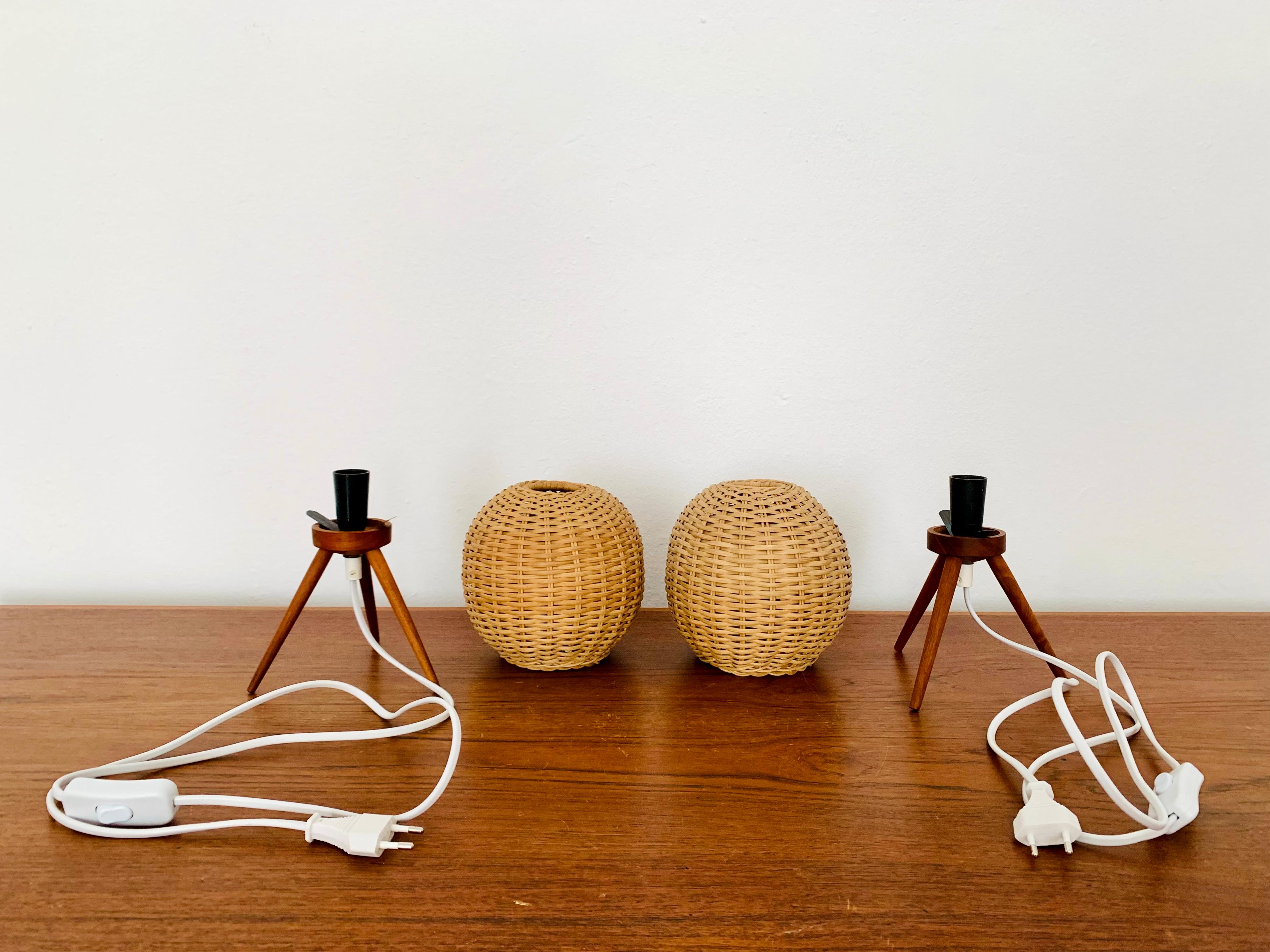 Set of 2 Danish Wicker Tripod Table Lamps For Sale 7