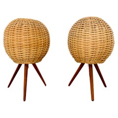 Set of 2 Danish Wicker Tripod Table Lamps