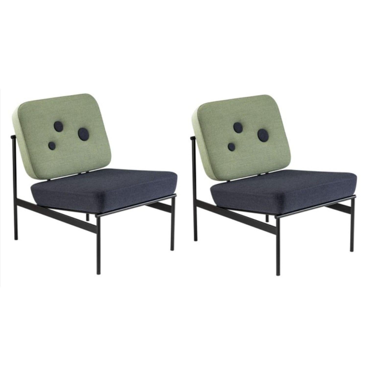 Set of 2 dapple lounge chairs by Edvin Klasson
Dimensions: D55 x W74 x H78 cm
Materials: powder coated steel, wooden frame with steel springs, cold foam and upholstery.
Options: The textile can be any upholstery textile from Kvadrat and the seat