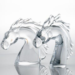 Set of 2 Daum Horse Head Clear Crystal Glass Sculpture, France