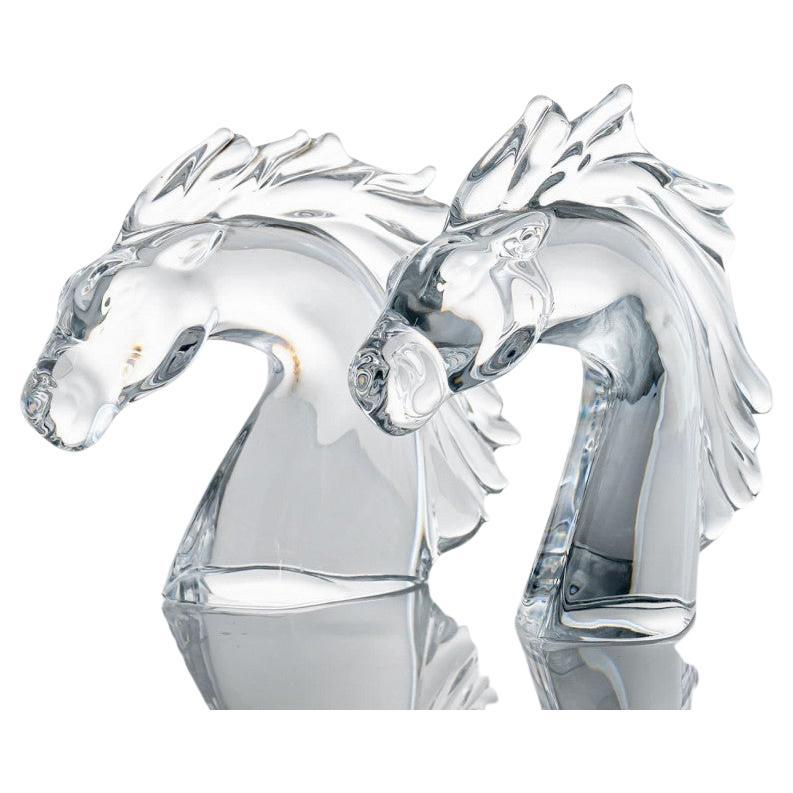Set of 2 Daum Horse Head Clear Crystal Glass Sculpture, France For Sale