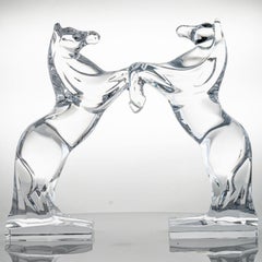Set of 2 Daum Rearing Horses Clear Crystal Glass Sculptures, France