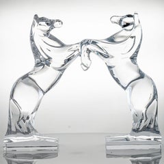 Set of 2 Daum Rearing Horses Clear Crystal Glass Sculptures, France