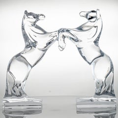 Set of 2 Daum Rearing Horses Clear Crystal Glass Sculptures, France