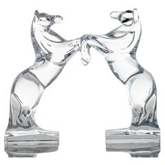 Set of 2 Daum Rearing Horses Clear Crystal Glass Sculptures, France