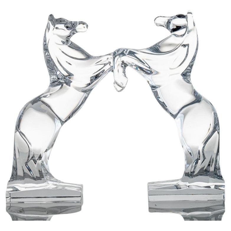 Set of 2 Daum Rearing Horses Clear Crystal Glass Sculptures, France
