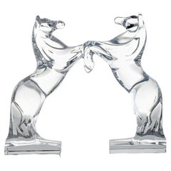 Set of 2 Daum Rearing Horses Clear Crystal Glass Sculptures, France