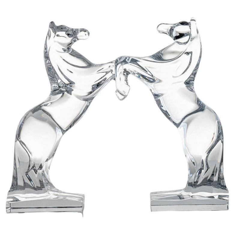 Set of 2 Daum Rearing Horses Clear Crystal Glass Sculptures, France