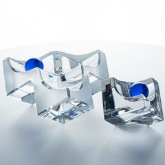 Set of 2 Daum Vide Frosted Crystal Cubist Bowls, France 1980