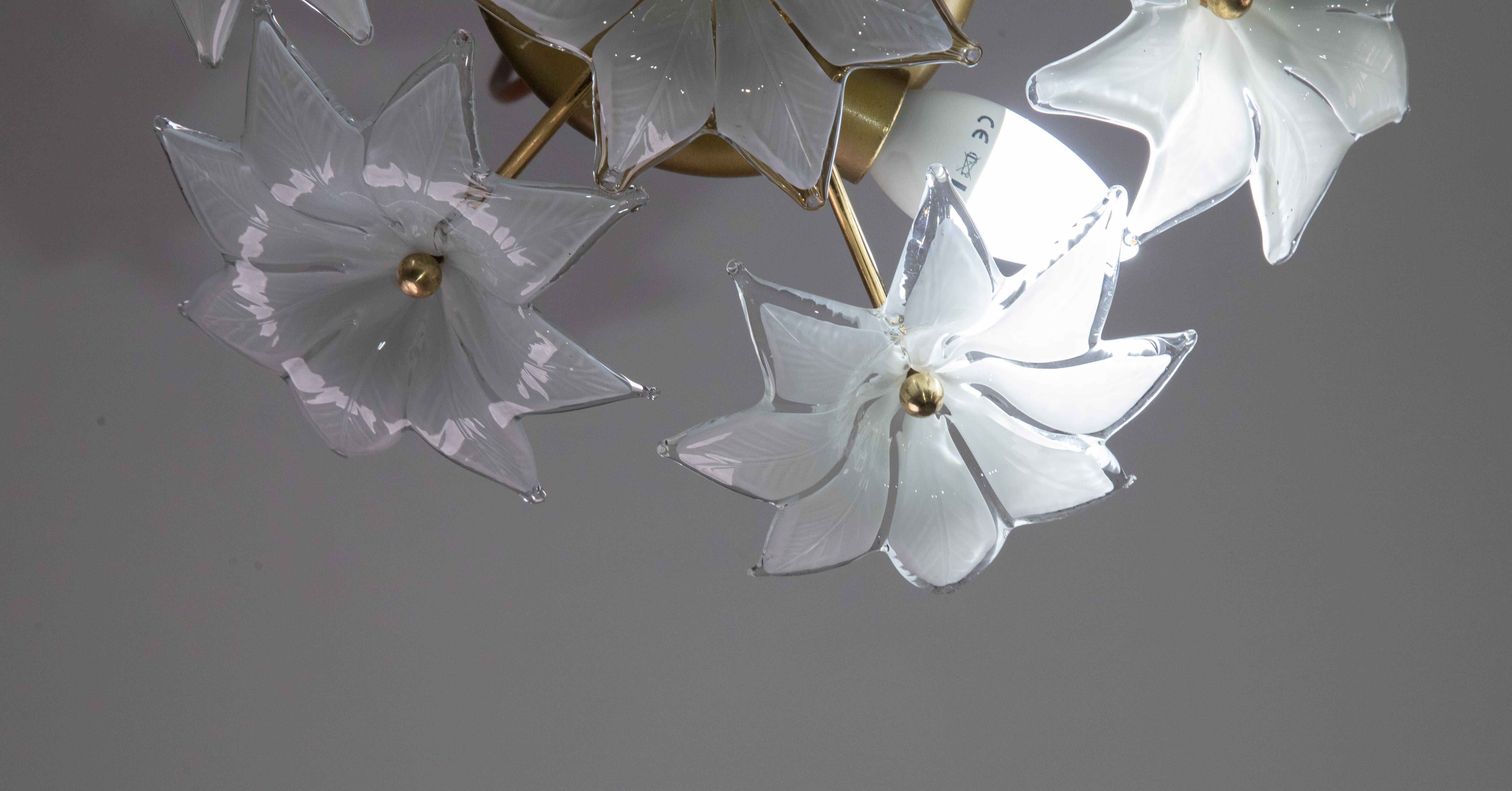 Late 20th Century Set of 2 Delicious Murano Vintage Ceiling Light White Flowers, 1970s For Sale