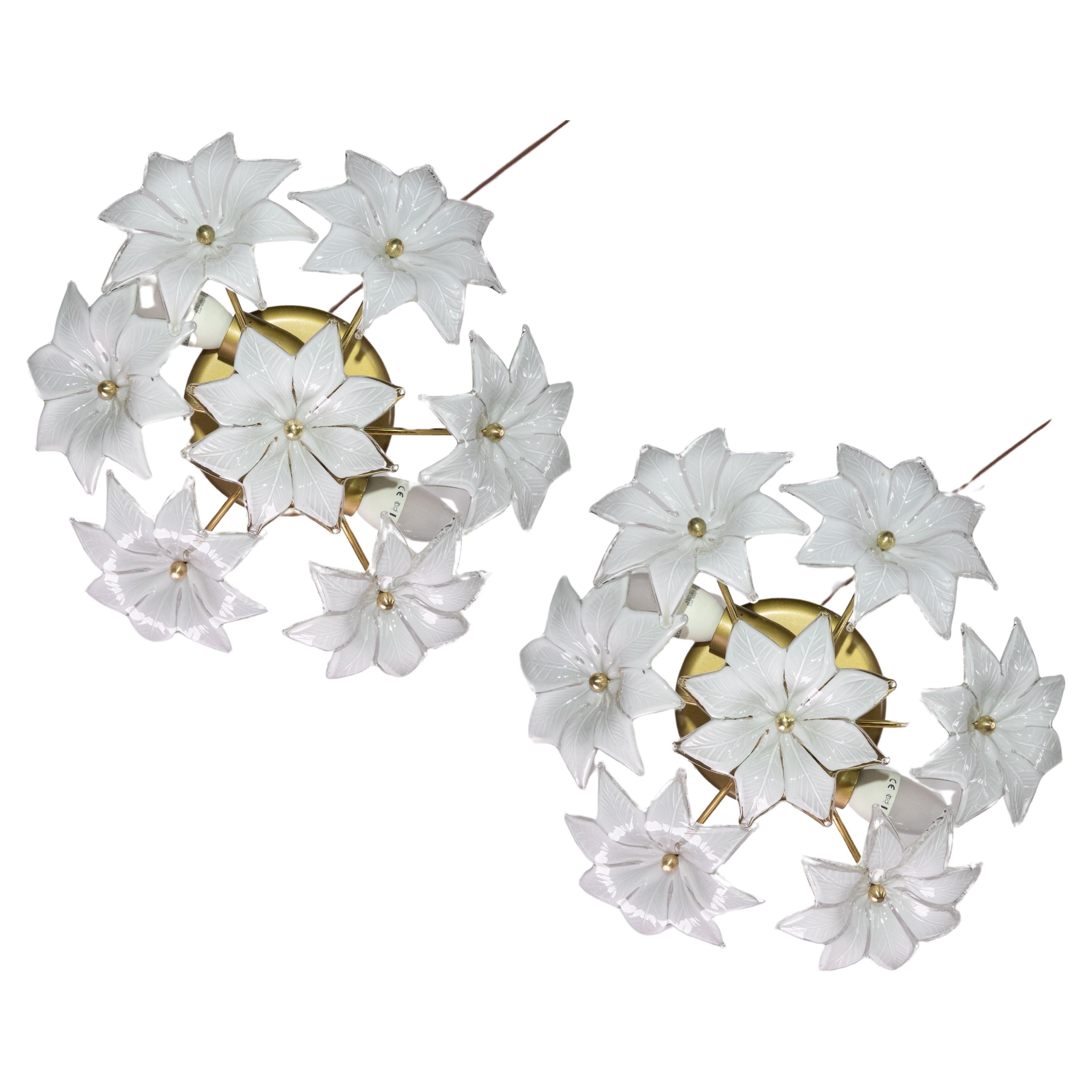 Set of 2 Delicious Murano Vintage Ceiling Light White Flowers, 1970s For Sale