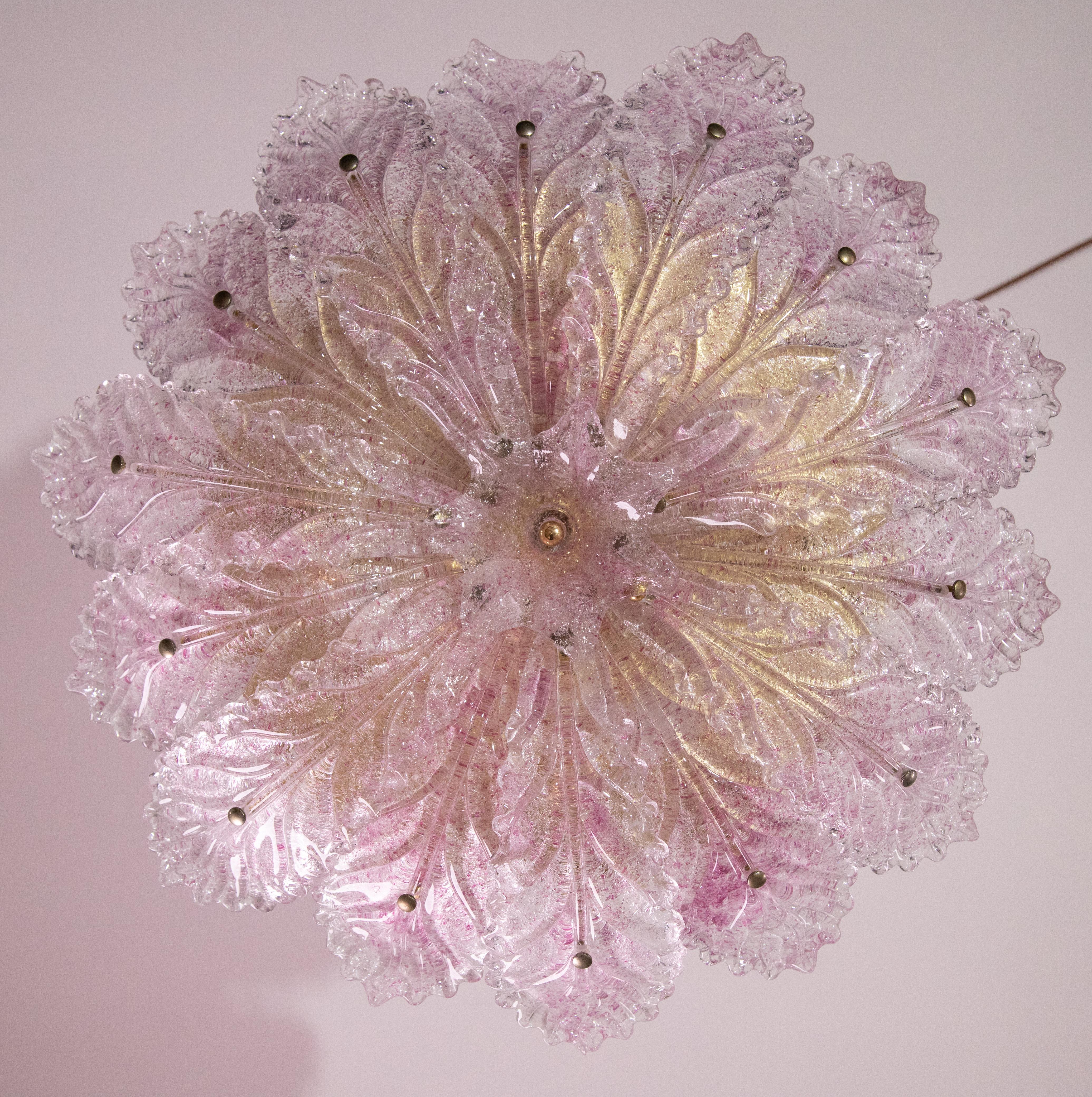 Set of 2 Delicious Pink Murano Glass Leave Ceiling Light or Chandelier, 1970s For Sale 3