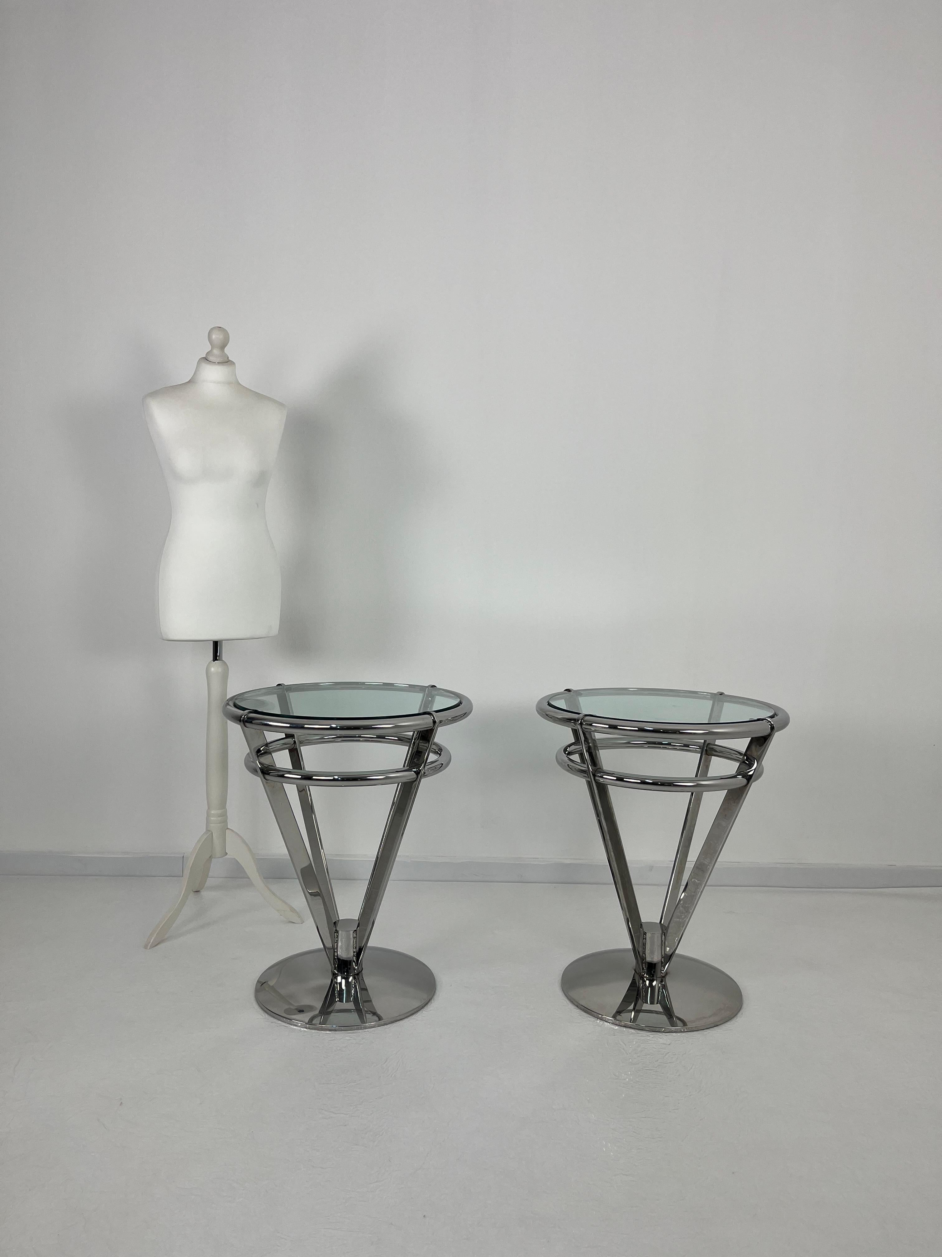 Set of 2 delightful Space Age Night Stands in steel and glass, 1980s
Made in Italy.
Made on commission by a famous interior designer in my city.
Intact and in good condition. Imperceptible signs of aging.

We guarantee fast and insured shipping with