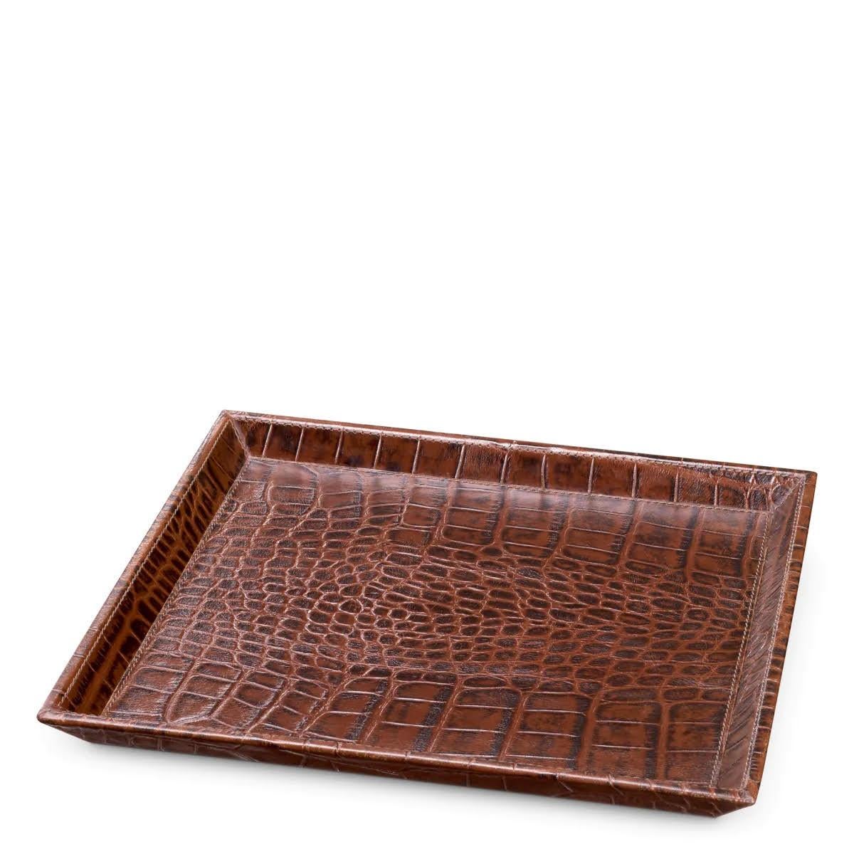 Modern Set of 2 Desk Trays, Brown Leather with Crocodile Embossing. For Sale