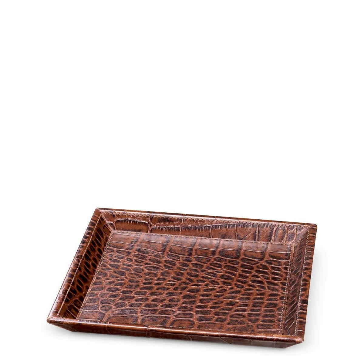 French Set of 2 Desk Trays, Brown Leather with Crocodile Embossing. For Sale