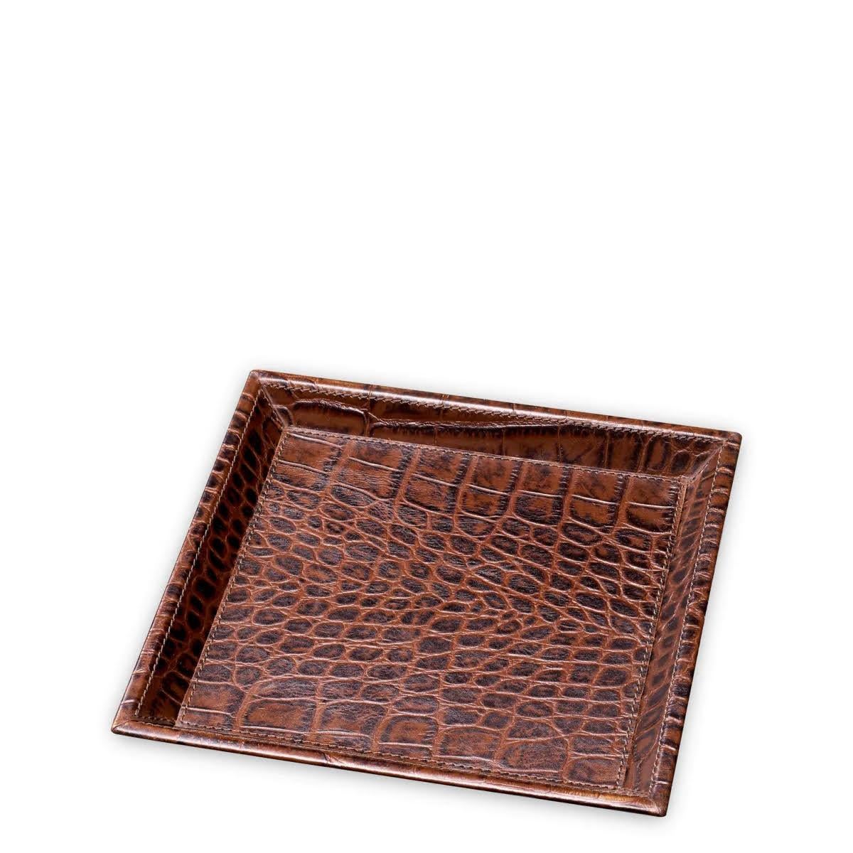Set of 2 Desk Trays, Brown Leather with Crocodile Embossing. In New Condition For Sale In Saint-Ouen, FR