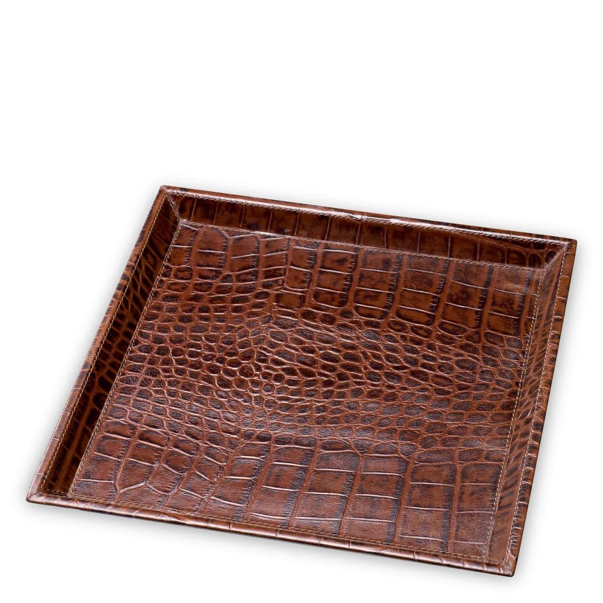 Contemporary Set of 2 Desk Trays, Brown Leather with Crocodile Embossing. For Sale