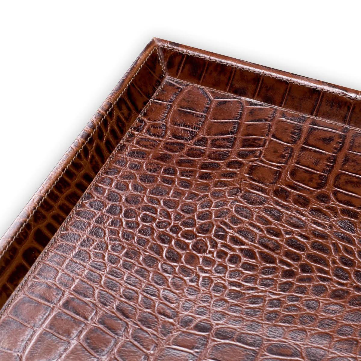 Set of 2 Desk Trays, Brown Leather with Crocodile Embossing. For Sale 1