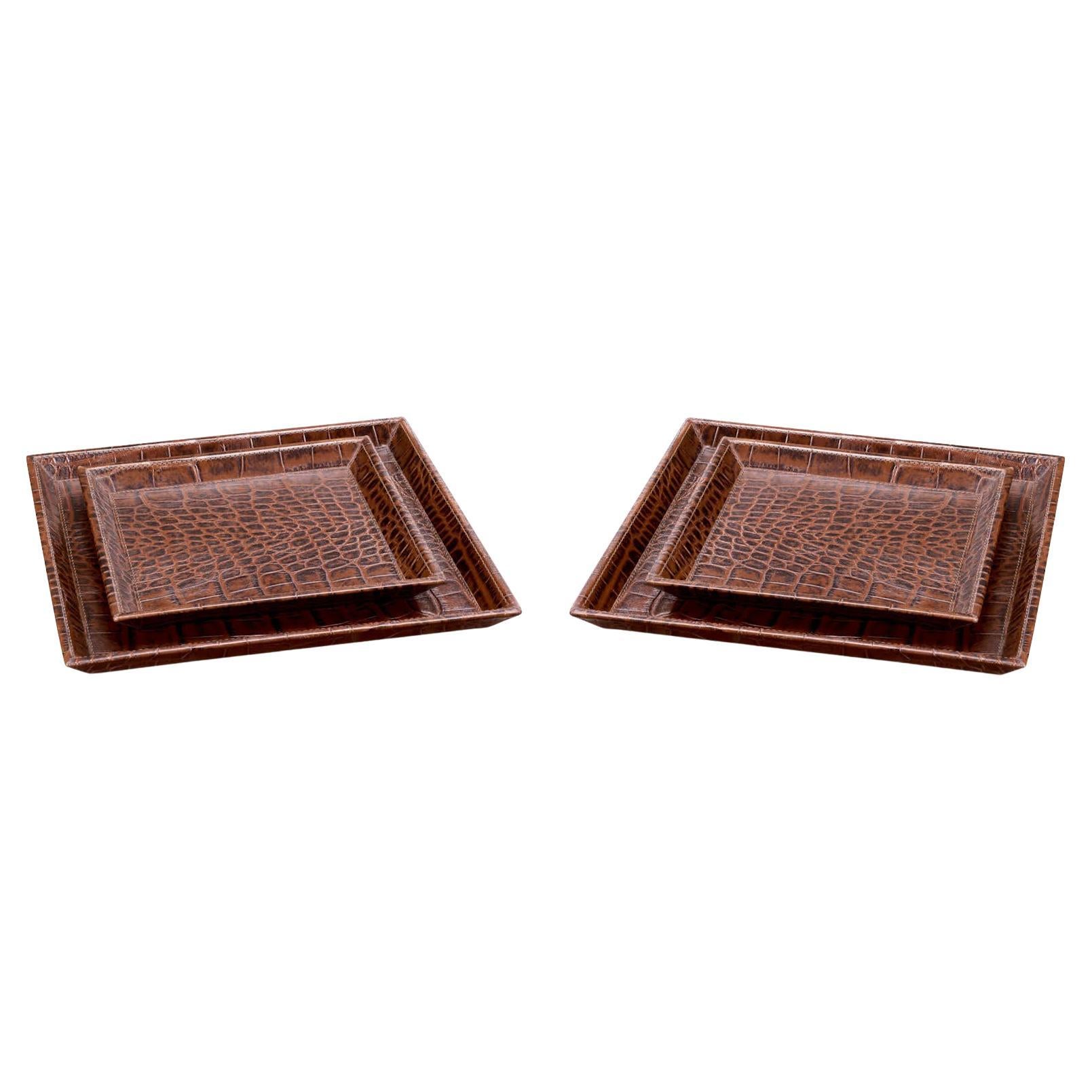 Set of 2 Desk Trays, Brown Leather with Crocodile Embossing. For Sale