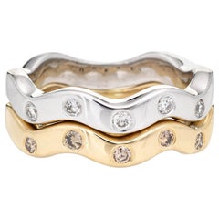 Set of 2 Diamond Rings Estate 14k Two Tone Gold Undulating Bands Jewelry