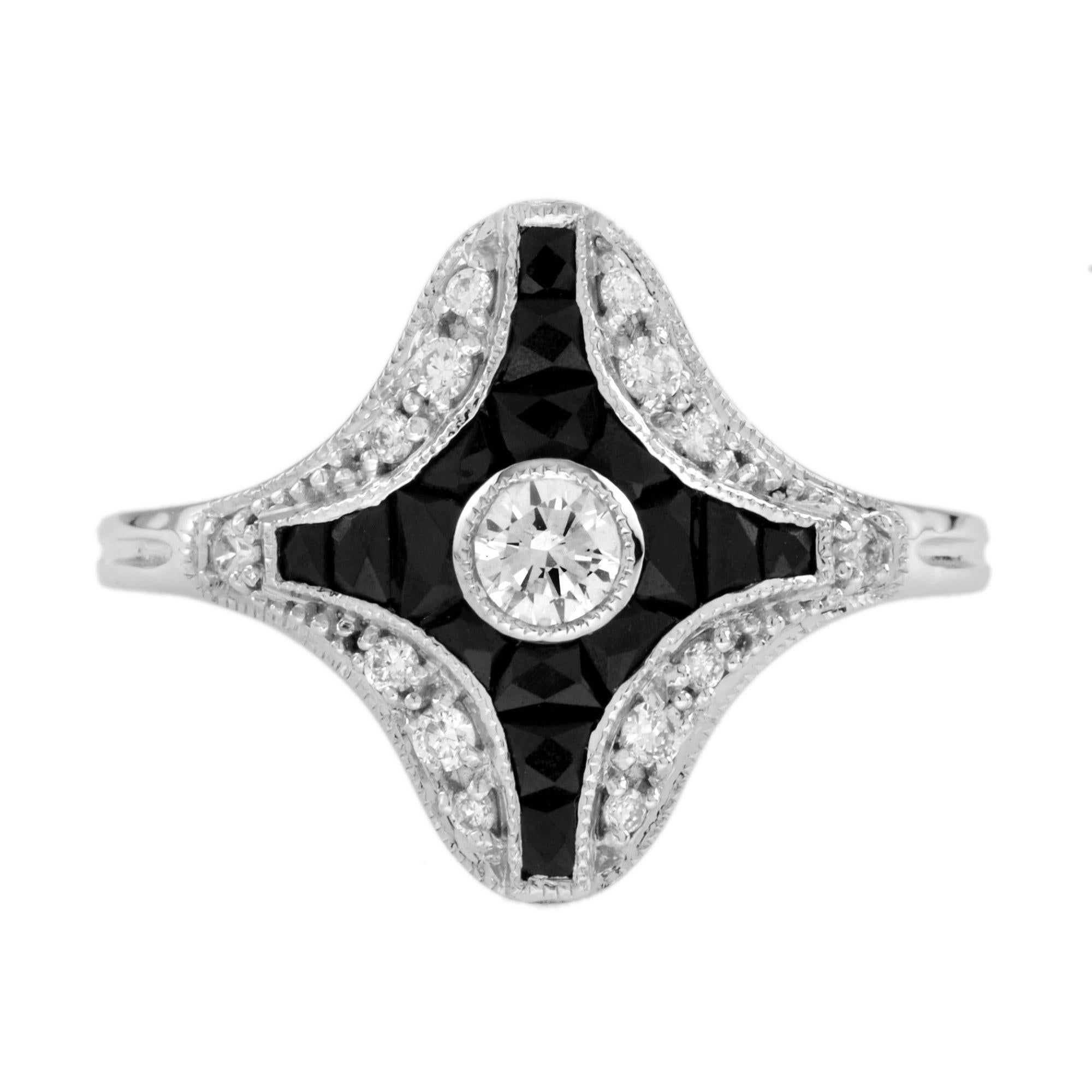 Set of 2 onyx Art Deco style rings
1) Diamond and Onyx Art Deco Style Kite Shape Ring in 14K White Gold (Original Design)
2) Ruby and Onyx Art Deco Style Kite Shape Ring in 14K White Gold (Customized)

Additional Service Offer
1) Ring Number 2 –