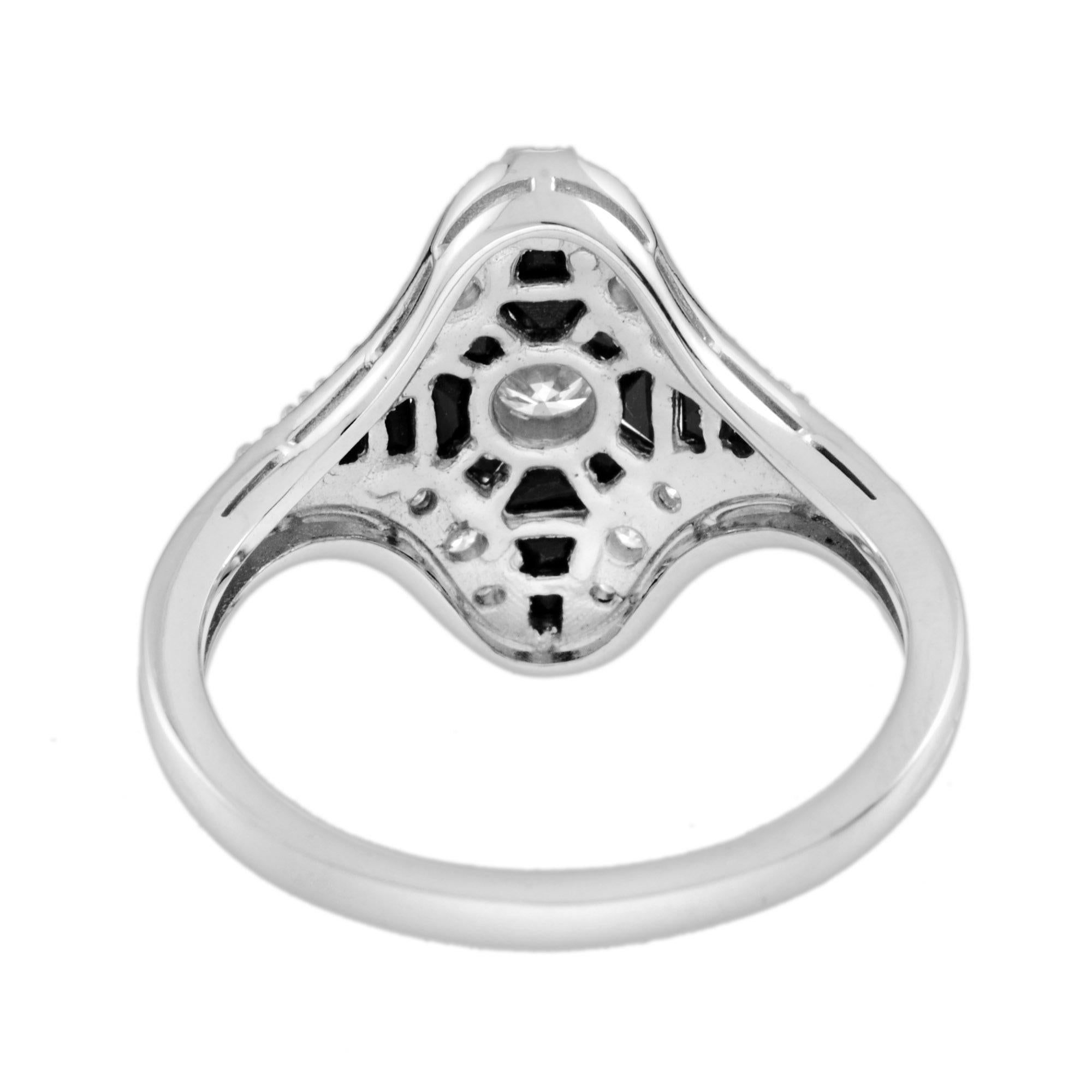 Women's or Men's Set of 2 Diamond/Ruby Onyx Art Deco Style Ring in 14k White Gold