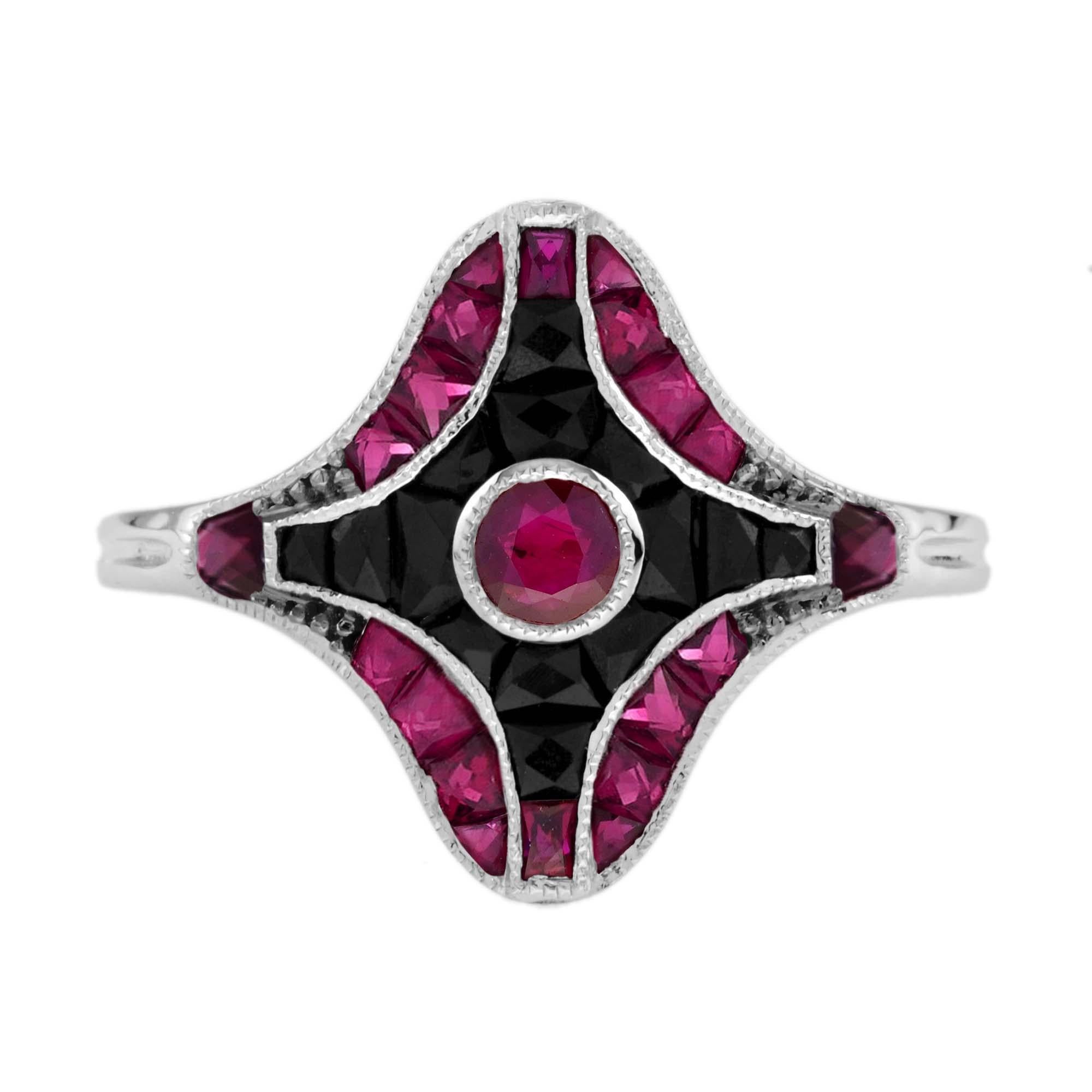 Set of 2 Diamond/Ruby Onyx Art Deco Style Ring in 14k White Gold 2