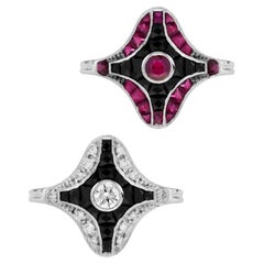 Set of 2 Diamond/Ruby Onyx Art Deco Style Ring in 14k White Gold