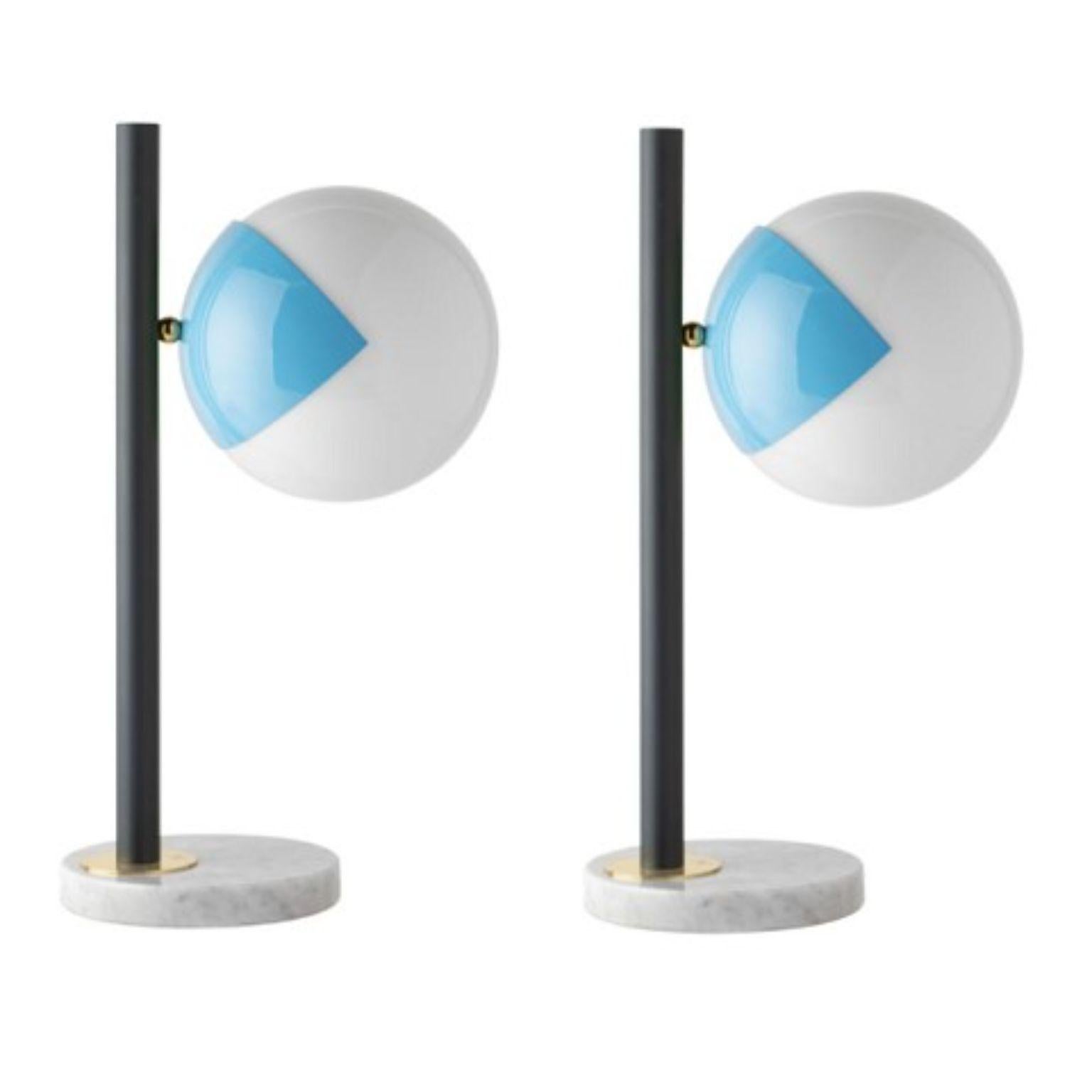 Dimmable table lamp pop-up black by Magic Circus Editions
Dimensions: Ø 22 x 30 x 53 cm 
Materials: Carrara marble base, smooth brass tube, glossy mouth blown glass

All our lamps can be wired according to each country. If sold to the USA it
