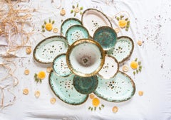 Contemporary Set of 2 Dinner Plates Gold Hand Painted Porcelain Tableware